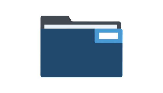 Blue office folder icon with a dark grey tab and a light blue label designed for file organization, data storage, and document management.