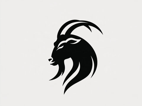 Minimalist black goat head logo with curved horns and beard. Clean vector silhouette, perfect for brand identity, emblem, and mascot design.