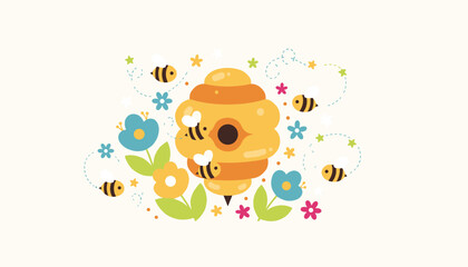 Fototapeta premium Cute cartoon illustration of a hanging golden honey beehive surrounded by flying bumblebees and colorful flowers.