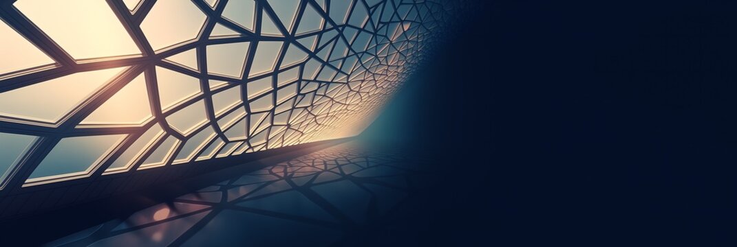 Geometric web mesh dome with glowing sunset light through lattice framework, modern 3D render in blue tones for futuristic interior and technology background