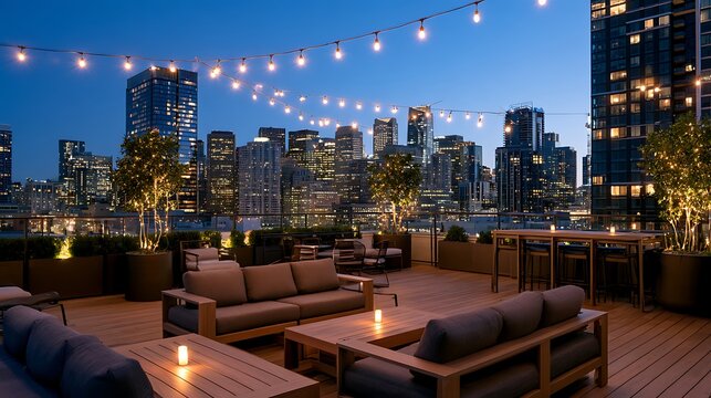 Rooftop Terrace with Wood Deck Furniture at Dusk / 木製デッキ家具のあるルーフトップテラスの夕暮れ