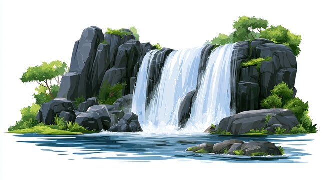 Majestic Waterfall Cascading over Dark Rocks with Lush Greenery