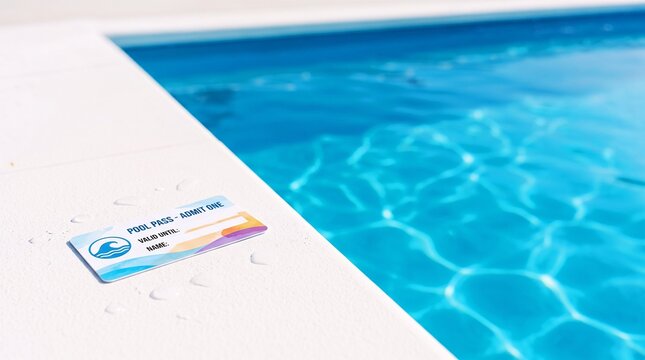 A pool pass (admission ticket) placed poolside against a background of blue water