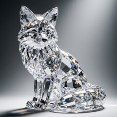 Fototapeta premium Crystal fox figurine, faceted glass animal with rainbow light effects. Elegant mammal sculpture for home decor, shelf display, luxury gift, modern art accent piece.