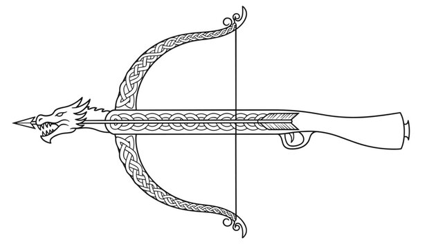 Detailed black and white outline illustration of a medieval fantasy crossbow decorated with dragon head carving and patterns.