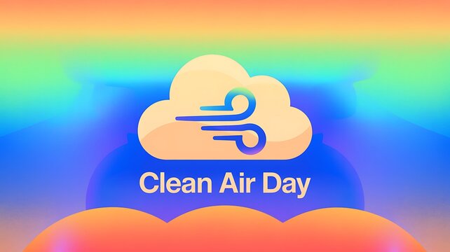 Clean air day vector banner featuring cloud and wind symbol over rainbow background air quality white cloud