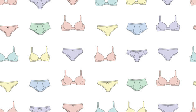 Colorful seamless background pattern featuring minimalist drawings of women undergarments, bras, and panties in pastel tones.
