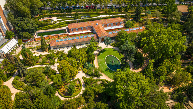 Royal Botanical Garden of Madrid Aerial View with Greenhouse and Trees