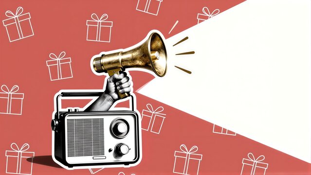 Handheld megaphone blasts gift announcements from vintage radio against festive backdrop.
