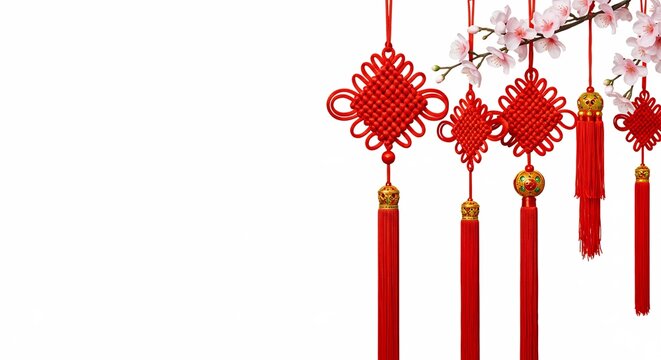 Chinese Knotting and Blossom: Delicate cherry blossoms adorn a branch hung with vibrant red Chinese knot ornaments, symbolizing good fortune and prosperity.