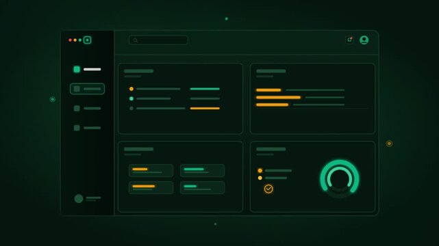 Futuristic Dark Green Tech Dashboard UI with Data Visualization Charts.