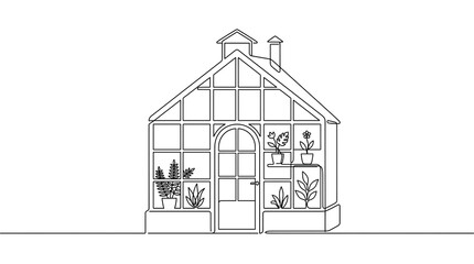 Fototapeta premium Greenhouse line drawing botanical illustration minimalist vector design asset