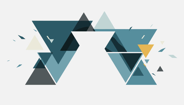 Geometric abstract art composition featuring overlapping triangles in shades of blue and gold behind a white silhouette of a vase.