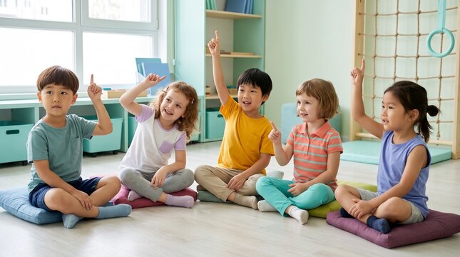 Education: Diverse preschool children eagerly raising hands during an interactive group lesson