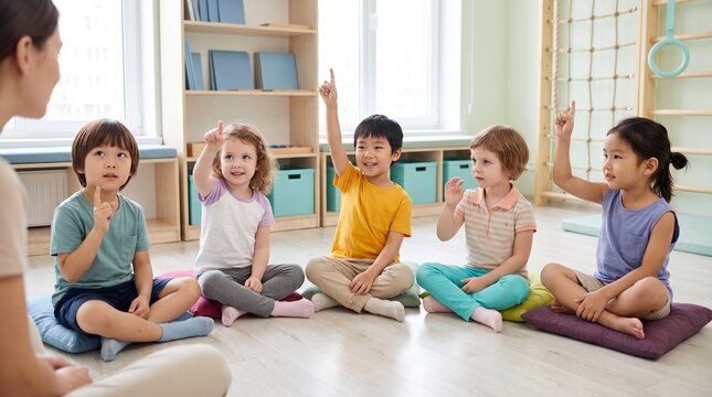 Education: Diverse preschool children eagerly raising hands during an interactive group lesson