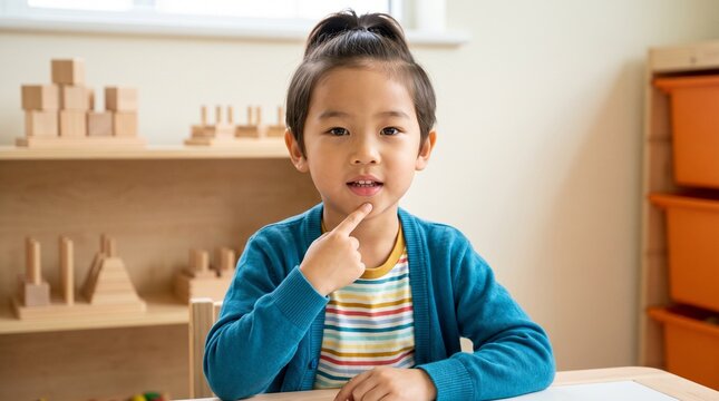 Education: Asian child identifies her chin during an early vocabulary lesson