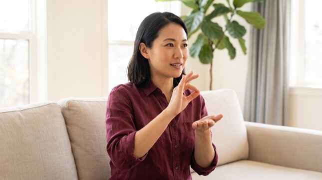 Speech therapy: Asian woman practices neuro exercise hand gesture to support speech development during conversation