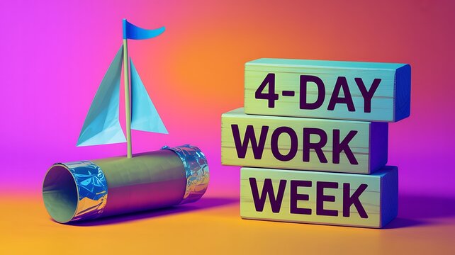 Four day work week concept represented by wooden blocks with text stacked next to a handmade toy boat on colorful
