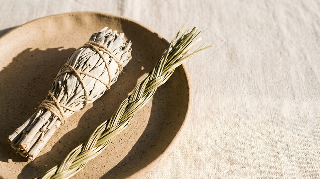 White Sage Smudge Stick and Braided Sweetgrass on Ceramic Plate for Cleansing Ritual