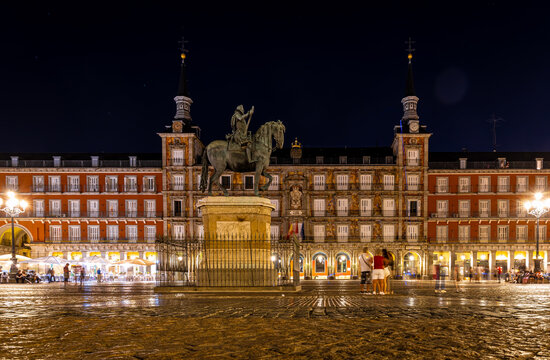 Equestrian Statue of King Philip III at Plaza Mayor Madrid Spain at Night