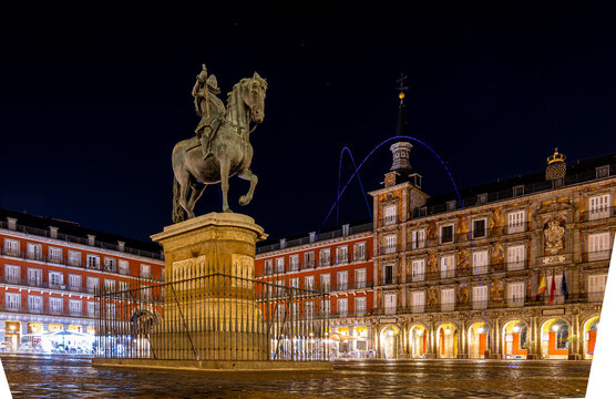 Equestrian Statue of King Philip III at Plaza Mayor Madrid Spain at Night