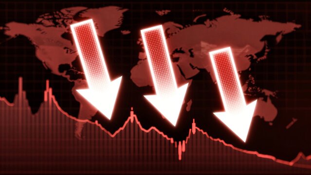 Global decline signaled by red arrows and sound waves over a world map.