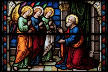 Obraz premium Abe receives three angels in ancient biblical art glass. Religious scene shows prophet talking with winged holy messengers. Spirituality, faith, and divine connection in church.