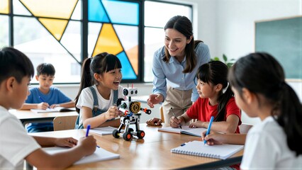 Fototapeta premium Teacher guides students with robot in colorful classroom, fostering joyful learning.