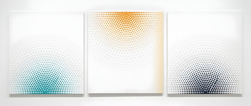 Abstract halftone canvas wall art mockup. Three square frames on wall displaying minimalist circular dot patterns in teal, orange, and black. Modern interior decor and poster display.