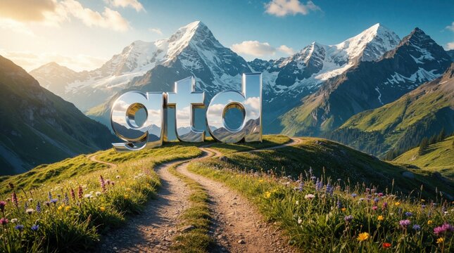 Shiny metallic letters GTD stand on a grassy mountain path. Snow capped peaks rise majestically behind the scenic trail, wildflowers bloom around.