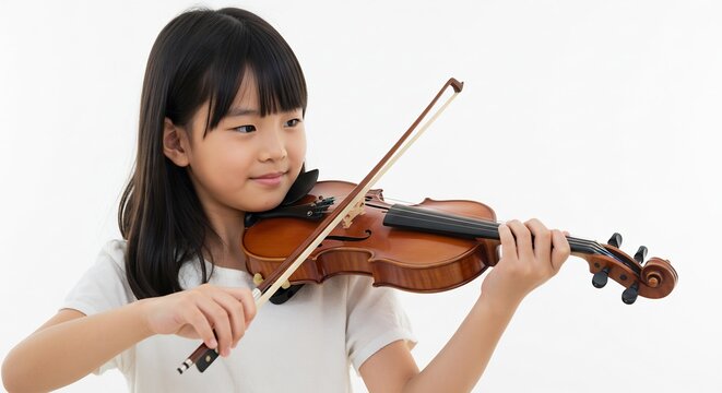 Young Girl Playing Violin: A focused young Asian girl with dark hair, dressed in a white t-shirt, skillfully plays a violin, her bow moving gracefully across the strings.