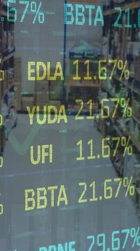Animation of stock market and financial data processing over empty warehouse