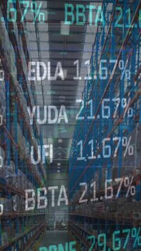 Animation of stock market and financial data processing over empty warehouse
