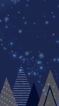 Animation of snow falling over christmas trees in winter scenery