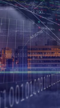 Animation of binary coding financial data processing over cityscape