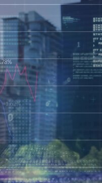 Animation of binary coding, financial data processing over cityscape