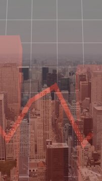 Animation of red line, financial data processing over cityscape