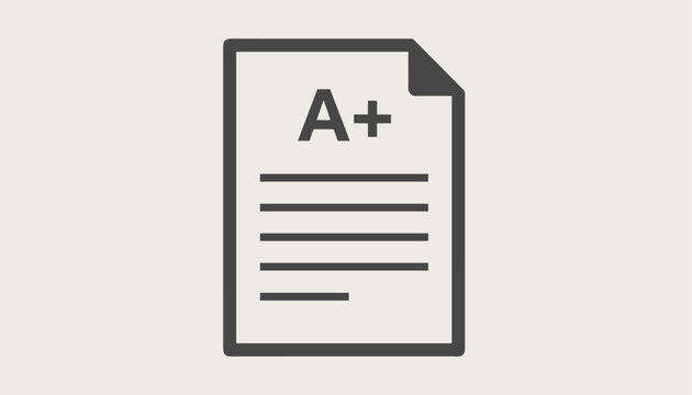 Icon of an exam paper or document with a perfect grade A plus mark on a light background, representing academic success.