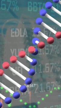 Animation of dna structure over financial and stock market data processing against tall buildings