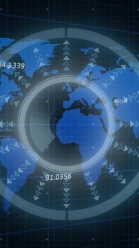Animation of interface with round scanner and data processing over world map on black background