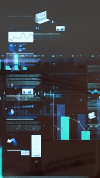 Animation of screens with statistical data processing and blue light trails over construction site