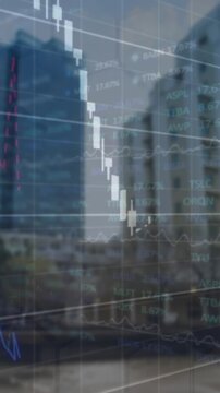 Animation of financial and stock market data processing against tall buildings