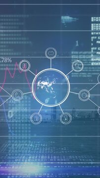 Animation of data processing and globe with connections over cityscape