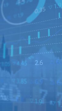 Animation of financial data processing over cityscape