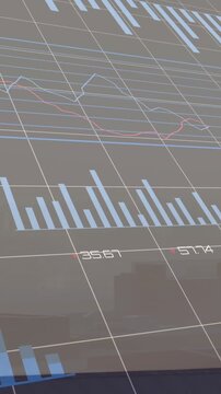 Animation of financial data processing over cityscape