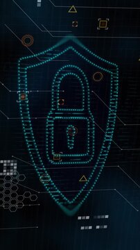 Animation of shield with padlock icon and data processing on black background