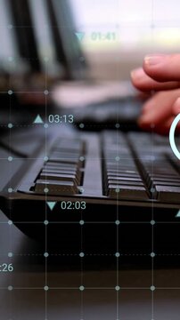 Animation of digital icons over grid network against mid section of kids using computer at school