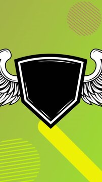 Animation of shield with wings and copy space and neon lines moving over green background
