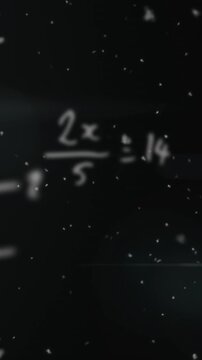 Animation of mathematical equations, light spot and white particles against black background