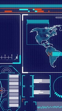 Animation of interface with spinning globe, world map and data processing against blue background
